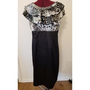 Sleeveless Black Sheath Dress w/ Silver Leopard Ruffled Top, Size 12